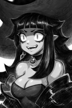 1girl absurdres bare_shoulders bell black_hair blunt_bangs breasts choker cleavage earrings eyelashes fangs hat highres jewelry liyart long_hair neck_bell off_shoulder open_mouth original pointy_ears short_eyebrows sketch sleeveless slit_pupils solo witch witch_hat