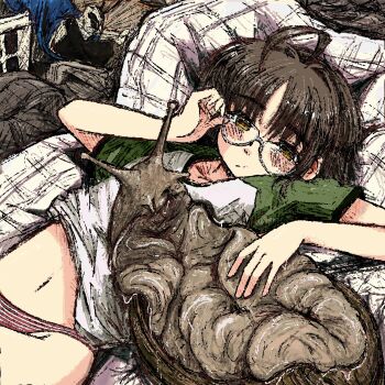 1girl :/ adjusting_eyewear ahoge animal blush_stickers brown_hair bubbacterial couch dot_nose glasses green_sleeves highres lying navel no_pants on_back on_couch original oversized_animal panties pet petting raglan_sleeves red_panties shirt short_hair snail solo striped_clothes striped_panties underwear white_shirt yellow_eyes