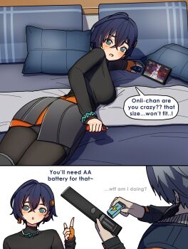 1boy 1girl absurdres battery bed belle_(zenless_zone_zero) black_pantyhose black_shirt blanket blue_eyes blue_hair blue_jacket blush commentary controller dorahdew earrings english_commentary finger_gun fingerless_gloves from_behind genshin_impact gloves grey_hair hair_between_eyes hair_ornament highres jacket jewelry letter_hair_ornament looking_at_another lying nintendo_switch on_bed on_stomach open_mouth pantyhose pillow remote_control shirt single_glove speech_bubble sweat wise_(zenless_zone_zero) zenless_zone_zero