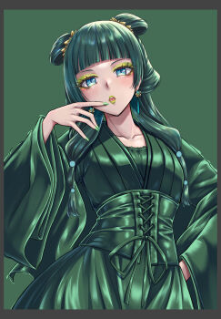 Rule 34 | 1girl, alto seneka, black border, blue eyes, blunt bangs, border, collarbone, colored eyelashes, commentary request, corset, double bun, dress, earrings, eyelashes, eyeshadow, green background, green corset, green dress, green eyeshadow, green hair, green lips, green nails, hair bun, hand on own hip, highres, jewelry, kusuriya no hitorigoto, long hair, long sleeves, looking at viewer, makeup, maomao (kusuriya no hitorigoto), nail polish, open mouth, pointing at mouth, simple background, solo, upper body, wide sleeves
