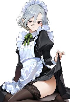 1boy apron black_dress black_eyes black_socks clothes_lift collar commentary_request crossdressing dress dungeon_meshi elf empty_eyes expressionless garter_straps green_ribbon grey_hair highres juliet_sleeves korean_commentary long_sleeves looking_at_viewer maid maid_apron maid_headdress mayomayoland mithrun notched_ear pointy_ears puffy_sleeves ribbon scar scar_on_leg sitting skirt skirt_lift socks solo thighhighs uneven_eyes white_background white_collar white_wrist_cuffs wrist_cuffs