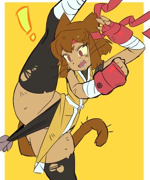 ! 1girl 1other animal_ears black_thighhighs brown_hair cat_ears cat_girl cat_tail furry furry_female gameoverse highres kit_bodega leg_up ninja ohta_guk_hip pelvic_curtain red_eyes short_hair simple_background solo_focus tail thighhighs torn_clothes torn_thighhighs yellow_background