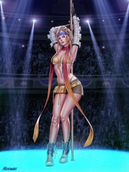 1girl armpits arms_up artist_name audia_pahlevi bandana blonde_hair boots bra breasts crowd final_fantasy final_fantasy_x final_fantasy_x-2 full_body gauntlets green_eyes hair_ornament highres long_hair medium_breasts miniskirt neon_lights non-web_source pole pole_dancing pouch rikku_(ff10) scarf skirt solo sphere_hair_ornament stripper_pole underwear yellow_bra