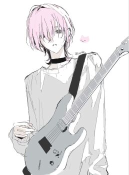 1boy black_choker black_eyes choker electric_guitar guitar highres holding holding_plectrum instrument konosekaino920 long_sleeves looking_at_viewer male_focus original pink_hair plectrum short_hair simple_background sketch solo sweatdrop sweater twitter_username white_background