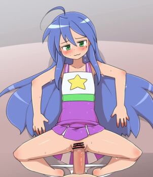 1boy 1girl ahoge animated blue_hair blush cheerleader clitoris clothes_lift dress dress_lift green_eyes hetero izumi_konata kaz_(shade) looking_at_viewer lucky_star lying mole on_back panties panties_around_ankles panty_pull penis pov pussy pussy_juice sex spread_legs steam sweat tagme underwear vaginal video white_panties