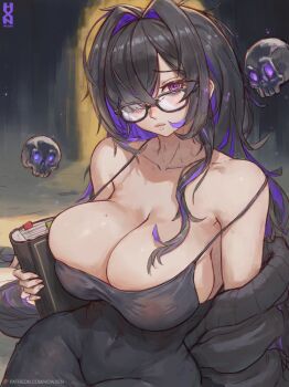 1girl bare_shoulders black_dress black_hair black_sweater book breasts cleavage collarbone commentary covered_navel dress glasses goddess_of_victory:_nikke highres holding holding_book howxen huge_breasts label_(nikke) long_hair looking_at_viewer multicolored_hair patreon_username purple_eyes purple_hair see-through_clothes see-through_dress skull solo sweater two-tone_hair very_long_hair