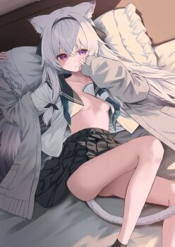 Rule 34 | 1girl, animal ears, arm support, bare shoulders, barefoot, bedroom, black skirt, blush, breasts, cat ears, cat tail, embarrassed, grey jacket, hand on own face, highres, jacket, legs, long hair, looking at viewer, lying, medium breasts, on bed, open clothes, open jacket, original, partially unbuttoned, pillow, pleated skirt, purple eyes, sailor collar, school uniform, seductive smile, serafuku, skirt, smile, solo, steam, stomach, sweat, tail, takashima shoa, thighs, white hair