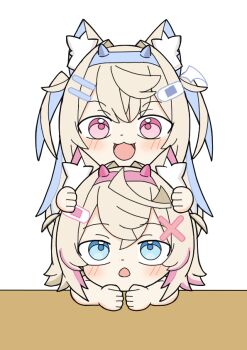 2girls :o animal_ear_fluff animal_ears bandaid bandaid_hair_ornament blonde_hair blue_eyes blue_hairband dog_ears dog_girl fake_horns fuwawa_abyssgard hair_ornament hairband hiro_hiro_0130 hololive hololive_english horn_hairband horns long_hair mococo_abyssgard multicolored_hair multiple_girls open_mouth pink_eyes pink_hairband short_hair siblings sisters smile streaked_hair twins virtual_youtuber x_hair_ornament