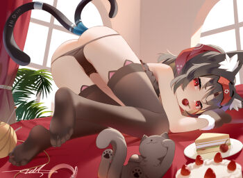 animal_ear_fluff animal_ear_legwear animal_ears animal_hands ass barcode barcode_tattoo black_hair black_panties black_thighhighs cable cable_tail cat cat_ear_legwear cat_ear_panties cat_ears cat_girl cat_lingerie cat_tail cherry facial_mark food food_in_mouth forehead_mark forehead_tattoo fruit gloves hairband headband looking_at_viewer mechanical_tail multiple_tails nekomata nekomiya_mana no_shoes panties paw_gloves red_eyes red_hairband soles tail tattoo thighhighs toes top-down_bottom-up triangle triangle_facial_mark two_tails underwear zds zenless_zone_zero