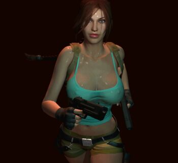 3d animated animated_gif blue_eyes bouncing_breasts breasts brown_hair cleavage dual_wielding covered_erect_nipples handgun holding holster lara_croft large_breasts midriff navel pistol running short_shorts shorts sweat tank_top thighs tomb_raider
