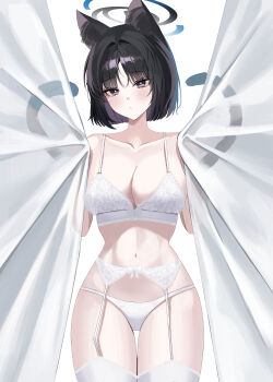 1girl :/ absurdres animal_ear_fluff animal_ears bare_arms bare_shoulders belt black_eyes black_hair black_halo blue_archive blue_halo blush bow bow_bra bra breasts bright_pupils cat_ears cat_girl cat_tail cleavage closed_mouth collarbone commentary cowboy_shot curtain_grab curtains floral_print garter_belt halo hands_up head_tilt heart heart_tail highres kikyou_(blue_archive) kirat_kr large_breasts lingerie looking_at_viewer multicolored_halo multiple_tails panties print_bra raised_eyebrows see-through_curtains short_hair simple_background solo standing tail thigh_gap thighhighs two-tone_halo two_tails underwear underwear_only white_background white_belt white_bra white_panties white_pupils white_thighhighs