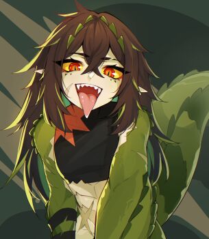 1girl :d brown_hair colored_sclera commentary crocodile_girl crocodilian_tail cross_scar crossed_bangs english_commentary fangs green_streaks highres indie_virtual_youtuber kairyu_crocodile long_hair looking_at_viewer multicolored_hair open_mouth reaching reaching_towards_viewer red_eyes ricegnat scar scar_on_face sharp_teeth slit_pupils smile solo streaked_hair tail teeth tongue tongue_out two-tone_hair virtual_youtuber yellow_sclera
