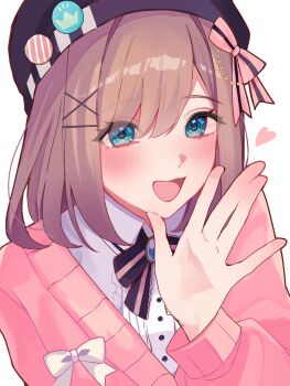 1girl akari_si2 aqua_eyes beret blush bow brown_hair cardigan collared_shirt commentary frilled_shirt frills hair_ornament hairclip hat hat_bow heart heart_in_eye highres long_sleeves looking_at_viewer medium_hair nijisanji open_hand open_mouth pink_bow pink_cardigan purple_hat shirt simple_background smile solo striped_bow suzuhara_lulu suzuhara_lulu_(1st_costume) symbol_in_eye two-tone_bow virtual_youtuber white_background white_bow white_shirt