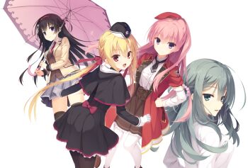 Rule 34 | 4girls, :d, aqua eyes, aqua hair, arihara nanami, artist name, back bow, beads, beret, black capelet, black dress, black hat, black necktie, black pantyhose, blonde hair, blush, bow, brown skirt, brown vest, capelet, clenched hand, closed mouth, coat, collared shirt, cowboy shot, dress, eyelashes, eyes visible through hair, floating hair, frilled dress, frilled skirt, frills, garrison cap, gloves, grey skirt, hair beads, hair bow, hair ornament, hair ribbon, hairband, hand on own hip, hat, high-waist skirt, highres, holding, holding umbrella, jacket, kikka academy school uniform, kobuichi, lab coat, long hair, long sleeves, low twintails, miniskirt, mitsukasa ayase, multiple girls, muririn, necktie, nijouin hazuki, official art, one side up, open clothes, open coat, open jacket, open mouth, pantyhose, pink hair, pink umbrella, plaid clothes, plaid skirt, pleated skirt, purple eyes, red bow, red coat, red eyes, red hairband, red hat, red necktie, red ribbon, ribbon, riddle joker, school uniform, shikibe mayu, shirt, short dress, short necktie, sidelocks, simple background, skirt, smile, straight hair, tassel, tassel hair ornament, thighhighs, third-party source, transparent background, twintails, umbrella, under umbrella, upper body, very long hair, vest, white gloves, white shirt, white thighhighs, yellow jacket