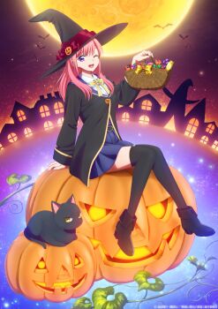 1girl artist_request basket black_boots black_cat black_jacket black_skirt black_thighhighs boots bow candy cat claude_sirius food full_moon halloween hat highres house jack-o&#039;-lantern jacket kuroneko_to_majo_no_kyoushitsu long_hair looking_at_viewer moon night official_art one_eye_closed outdoors pink_hair pumpkin purple_eyes sitting skirt sky smile spica_virgo star_(sky) starry_sky thighhighs witch_hat yellow_bow