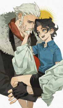 2boys aged_down beard black_gloves black_hair black_jacket black_shorts blue_eyes blue_shirt carrying carrying_person child coat collared_shirt eye_contact facial_hair fingerless_gloves fur-trimmed_hood fur_trim gloves grey_shirt hair_slicked_back hand_on_another&#039;s_chin highres hood hood_down hooded_jacket jacket looking_at_another luye_unknows lysandre_(pokemon) male_focus multiple_boys nintendo open_collar open_mouth parted_hair parted_lips pokemon pokemon_legends:_z-a pokemon_xy professor_sycamore red_hood shirt short_sleeves shorts teeth upper_teeth_only wavy_hair white_background white_coat white_hair