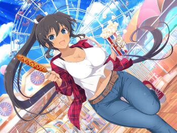 1girl amusement_park bad_link balloon belt belt_buckle black_bra black_hair blue_eyes blue_pants blue_sky blush bra breasts brown_belt bucket buckle carousel casual cleavage cloud collarbone corn_dog dark-skinned_female dark_skin day denim ferris_wheel food groin hair_ribbon high_ponytail holding holding_food homura_(senran_kagura) jacket jeans ketchup large_breasts lens_flare long_hair long_sleeves looking_at_viewer midriff midriff_peek mustard navel official_art open_mouth outdoors pants plaid_clothes plaid_jacket ponytail popcorn railing red_jacket red_shoes ribbon senran_kagura senran_kagura_new_link senran_kagura_shoujo-tachi_no_shin&#039;ei shiny_skin shirt shoelaces shoes sky smile sneakers solo standing standing_on_one_leg tan tongue underwear very_long_hair white_horse white_ribbon white_shirt yaegashi_nan