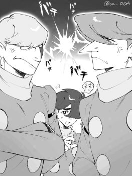 Rule 34 | 3boys, albert heinrich, anger vein, big nose, cm ooa, coat, crossed arms, cyborg, cyborg 009, hair over one eye, highres, jet link, lightning glare, long hair, looking at another, military uniform, multiple boys, scarf, shaded face, shimamura joe, short hair, soldier