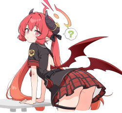 1girl ? aka_ringo ass back back_cutout belt black_belt black_horns black_shirt blue_archive blush clothing_cutout collared_shirt demon_girl demon_horns demon_wings from_behind hair_between_eyes hair_ribbon halo hands_on_table highres horn_ornament horns junko_(blue_archive) leaning_forward leaning_on_table loli long_hair looking_at_viewer looking_back low_wings plaid_clothes plaid_skirt pointy_ears red_eyes red_hair red_halo red_wings ribbon shirt short_sleeves simple_background skirt slit_pupils solo spoken_question_mark standing sweatdrop thigh_strap thighs twintails very_long_hair white_background wings
