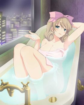 1girl arm_behind_head armpit_crease armpits bath bathing bathroom bathtub blush bow breasts brown_hair building city city_lights cityscape cleavage collarbone come_hither curly_hair faucet green_eyes hair_between_eyes hair_bow hair_ribbon haruka_(senran_kagura) in_bathtub indoors large_breasts looking_at_viewer naked_towel night night_sky official_art open_mouth parted_lips partially_submerged pink_bow pink_ribbon ribbon senran_kagura senran_kagura_new_wave senran_kagura_shoujo-tachi_no_shin&#039;ei shiny_skin short_hair sky skyscraper smile solo tile_floor tile_wall tiles towel water wet window