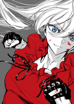 1girl absurdres blue_eyes clenched_hands dress eyelashes grey_background highres incoming_attack incoming_punch partially_colored punching red_dress saigo_ni_hitotsu_dake_onegai_shite_mo_yoroshii_deshou_ka scarlet_el_vandimion simple_background solo upper_body white_hair yonabari_haru