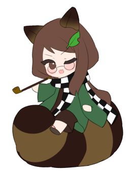 Rule 34 | 1girl, animal ears, brown eyes, brown hair, checkered clothes, checkered scarf, chibi, chibi only, chimi (s2yuyukos2), commentary, futatsuiwa mamizou, glasses, holding, holding smoking pipe, japanese clothes, leaf, leaf on head, long sleeves, looking at viewer, one eye closed, open mouth, raccoon ears, raccoon girl, raccoon tail, scarf, simple background, sitting on own tail, smile, smoking pipe, solo, tail, touhou, white background