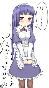 1girl alice_(ragnarok_online) apron blue_dress blue_hair blunt_bangs blush brown_pantyhose closed_mouth commentary_request dress feet_out_of_frame frilled_apron frilled_dress frills haty layered_sleeves long_hair long_sleeves looking_at_viewer maid maid_headdress necktie pantyhose ragnarok_online red_eyes red_necktie short_over_long_sleeves short_sleeves solo standing translation_request white_apron