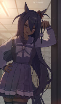 Rule 34 | 1girl, absurdres, animal ears, black hair, blurry, blurry background, blush, bow, bowtie, breasts, dark-skinned female, dark skin, ear scrunchie, fang, hair between eyes, hair ornament, hairclip, hand on own hip, highres, hishi amazon (umamusume), horse ears, horse girl, horse tail, locker, long hair, long sleeves, looking at viewer, open mouth, purple shirt, purple skirt, purple thighhighs, raised eyebrow, sailor collar, school uniform, shirt, skirt, small breasts, solo, tail, thighhighs, tracen school uniform, twitter username, umamusume, watch, wristwatch, yogukasu