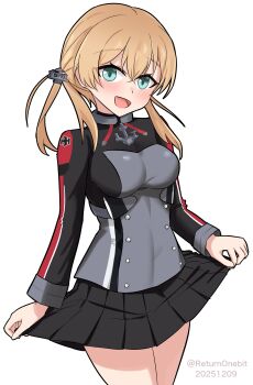 1girl absurdres anchor_hair_ornament anchor_necklace black_skirt blonde_hair breasts cowboy_shot cross green_eyes hair_ornament highres iron_cross jewelry kantai_collection medium_breasts military_uniform miniskirt necklace one-hour_drawing_challenge pleated_skirt prinz_eugen_(kancolle) simple_background skirt skirt_hold smile solo wanbitto white_background