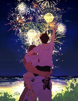 2boys aerial_fireworks arm_up bara beach bone_color919 carrying cross-laced_clothes cross-laced_legwear feet_out_of_frame fireworks from_behind highres houzouin_oniwaka japanese_clothes kimono male_focus multiple_boys muscular muscular_male night night_sky paw_print piggyback protagonist_4_(housamo) protected_link short_hair short_shorts shorts sky sparse_arm_hair standing thick_eyebrows tokyo_houkago_summoners yaoi