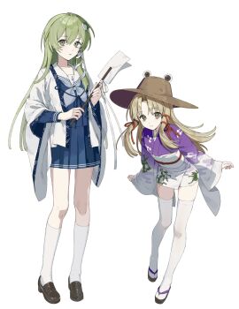 Rule 34 | 2girls, alternate costume, animal print, blonde hair, blue neckerchief, blue shirt, blue skirt, brown hat, brown sandals, brown shoes, closed mouth, commentary, egasumi, frog hair ornament, frog print, full body, green hair, hair ornament, hair ribbon, hashtag-only commentary, hat, highres, japanese clothes, kimono, kneehighs, kochiya sanae, leaning forward, loafers, long hair, long sleeves, looking at viewer, moriya suwako, multiple girls, neckerchief, obi, obijime, open mouth, pleated skirt, print kimono, purple kimono, rcs 4, red ribbon, ribbon, sailor collar, sailor shirt, sandals, sash, school uniform, shirt, shoes, short kimono, simple background, skirt, smile, snake hair ornament, socks, thighhighs, touhou, tress ribbon, white background, white kimono, white sailor collar, white sash, white socks, white thighhighs, wide sleeves, yellow eyes, zettai ryouiki