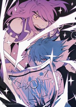 1girl 1other androgynous armlet artist_name black_hair blue_skin bracelet colored_skin commentary_request delta_rune_(symbol) deltarune freckles furry furry_female highres holding holding_shield jewelry korean_commentary kris_(dark_world)_(deltarune) kris_(deltarune) limited_palette long_hair looking_at_viewer open_clothes open_vest pants purple_hair purple_skin red_eyes reptile_girl savepoint010 sharp_teeth shield short_hair spiked_armlet spiked_bracelet spikes susie_(dark_world)_(deltarune) susie_(deltarune) sweatdrop teeth twitter_username utdr_(toby_fox) vest