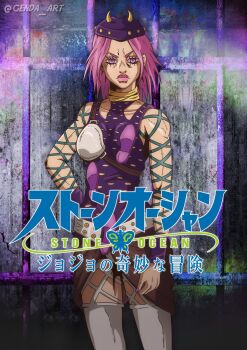 1girl breasts eyelashes fake_horns fishnets genda_art hat highres horned_hat horned_headwear horns jojo_no_kimyou_na_bouken lipstick makeup medium_breasts narciso_anasui pink_hair stone_ocean