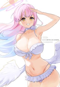 1girl absurdres angel_wings bikini bikini_skirt blue_archive blue_hair bonefire0909 breasts choker cleavage collarbone commentary_request cowboy_shot feathered_wings frilled_bikini frills gradient_halo grin halo highres korean_commentary korean_text large_breasts long_hair looking_at_viewer low_wings mika_(blue_archive) mika_(swimsuit)_(blue_archive) multicolored_hair multicolored_halo navel official_alternate_hairstyle pink_hair pink_halo simple_background smile solo standing swimsuit teeth translation_request two-tone_hair white_background white_bikini white_choker white_wings wings yellow_eyes