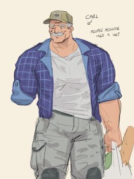 1boy amputee bag baseball_cap bread cargo_pants character_name commentary conquest_(invincible) donutdoodlebug english_commentary english_text facial_hair fish flannel food grey_hair grocery_bag hat highres invincible_(series) mustache one_eye_closed open_clothes open_shirt orange_eyes pants plastic_bag purple_shirt scar scar_across_eye scar_on_face shirt shopping_bag smile solo t-shirt white_shirt