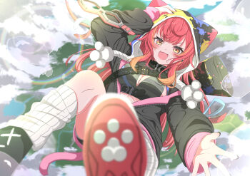 1girl absurdres animal_hood black_shoes breasts bule_blue_2 cat_hood cleavage cloud commentary english_commentary fang hand_up highres hood hood_up long_hair looking_at_viewer loose_socks multicolored_hair nekota_tsuna open_mouth orange_eyes orange_hair red_hair shoes smile socks solo very_long_hair virtual_youtuber vspo! white_socks
