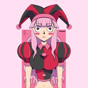 1girl :&lt; acting artist_request breasts cosplay glitch_productions hat highres jester jester_cap large_breasts long_hair navel one_piece perona pink_background pink_hair pomni_(the_amazing_digital_circus) pomni_(the_amazing_digital_circus)_(cosplay) simple_background stomach the_amazing_digital_circus twitter_username very_long_hair