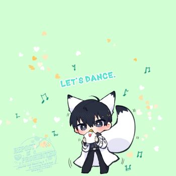 1boy ahoge animal animal_ears biyoo_(omniscient_reader&#039;s_viewpoint) black_hair black_shirt coat collared_shirt commentary double-parted_bangs english_text fox_ears fox_tail full_body hair_between_eyes highres holding holding_animal kim_dokja kimidori_22 male_focus musical_note omniscient_reader&#039;s_viewpoint open_clothes open_coat popped_collar shirt short_hair solo symbol-only_commentary tail white_coat