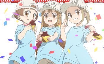 3girls :d backwards_hat baseball_cap blue_shirt brown_eyes brown_hair brown_shorts character_name chocolate commentary_request confetti female_focus grin happy_valentine hat hataraku_kesshouban-chan hataraku_saibou highres joutarou_(punianikobo) long_hair looking_at_viewer multiple_girls open_mouth platelet_(hataraku_saibou) shirt short_hair short_shorts short_sleeves shorts smile valentine very_long_hair white_background white_headwear