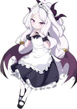 1girl absurdres ahoge blue_archive bluetea1024 blush breasts commentary_request demon_girl demon_horns demon_wings halo highres hina_(blue_archive) horns long_hair looking_at_viewer low_wings maid maid_headdress purple_eyes simple_background small_breasts solo very_long_hair white_background white_hair wings