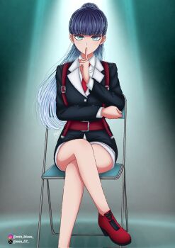 1girl arm_under_breasts black_jacket blue_eyes blue_hair commentary crossed_legs eyelashes full_body high_ponytail highres jacket kurokawa_akane min_li7 necktie oshi_no_ko ponytail red_necktie sitting solo symbol-only_commentary test_me_(oshi_no_ko) white_jacket
