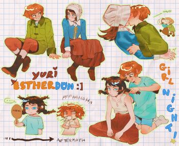 2girls abaddon_(haunted_hotel) blue_eyes bonnet boots braid braiding_hair brown_eyes brown_hair brown_skirt coat commentary english_commentary english_text esther_freeling genderswap genderswap_(mtf) green_coat grid_background hairdressing haunted_hotel highres kiss long_hair multiple_braids multiple_girls muomuu_0 orange_hair short_hair sitting skirt yuri