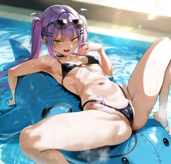 1girl absurdres bikini black_bikini breasts choker colored_inner_hair commentary_request demon_girl demon_tail dikko ear_piercing eyewear_on_head feet_out_of_frame gradient_hair green_eyes hair_ornament hairclip highleg highleg_bikini highres hololive inflatable_dolphin inflatable_toy long_hair looking_at_viewer lying multicolored_hair o-ring o-ring_choker piercing pink_hair purple_hair small_breasts solo spread_legs steam streaked_hair sunglasses swimsuit tail tokoyami_towa twintails virtual_youtuber water