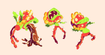 boots brown_boots closed_mouth commentary creature creature_focus english_commentary fangs highres jason_lupas leaf mario_(series) nintendo no_humans open_mouth outstretched_arms petey_piranha sequential simple_background super_mario_sunshine vomiting walking