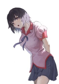Rule 34 | 1girl, absurdres, bakemonogatari, black hair, blue skirt, cropped legs, hanekawa tsubasa, highres, looking at viewer, medium hair, monogatari (series), naoetsu high school uniform, pink shirt, purple eyes, ryo (r9030397), school uniform, shirt, short sleeves, skirt, solo, white background