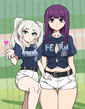 2girls alternate_costume belt belt_buckle black_belt blowing_kiss blue_shirt blunt_bangs breasts buckle button_gap character_name closed_mouth collarbone commentary contemporary cowboy_shot earrings elf expressionless fern_(sousou_no_frieren) frieren green_eyes heart highres hyyun_ho jewelry large_breasts long_hair looking_at_viewer medium_breasts midriff multiple_girls navel parted_bangs pointy_ears puckered_lips purple_eyes purple_hair shirt shirt_tucked_in short_shorts shorts sidelocks sousou_no_frieren standing standing_on_one_leg twintails undersized_clothes white_hair white_shorts