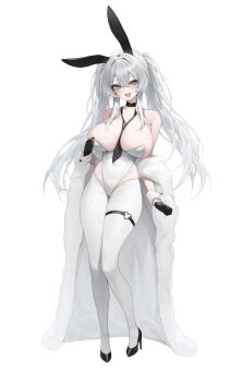 1girl absurdres adjusting_clothes animal_ears armpit_crease between_breasts black_choker black_gloves black_necktie black_shoes breasts character_request choker cleavage covered_navel fake_animal_ears full_body gloves grey_eyes hair_between_eyes high_heels highleg highleg_leotard highres hiphighs huge_breasts leotard long_hair looking_at_viewer mokew necktie necktie_between_breasts open_mouth playboy_bunny rabbit_ears shoes simple_background solo standing strapless strapless_leotard thigh_strap twintails white_hair white_hiphighs white_leotard wrist_cuffs