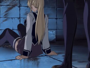 00s 1futa 1girl 2003 animated animated_gif anime_screenshot basement bible_black bible_black_night_of_the_walpulgiss black_thighhighs blonde_hair bow bowtie breasts clothes_lift futanari high_ponytail imari_kurumi large_breasts necktie ponytail purple_eyes saeki_kaori school_uniform sitting skirt skirt_lift tagme thighhighs thighs unworn_clothes