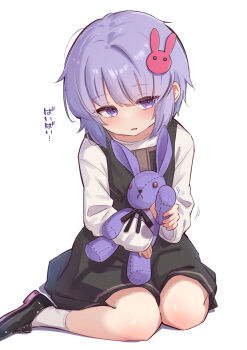 1girl aged_down black_bow black_dress black_shoes bow commentary_request dress hair_ornament hakushi_(empty_blanc) highres holding holding_stuffed_toy long_sleeves motion_lines parted_lips purple_eyes purple_hair rabbit_hair_ornament shadow shirt shoes simple_background sleeveless sleeveless_dress sleeves_past_wrists socks solo stuffed_animal stuffed_rabbit stuffed_toy translated voiceroid white_background white_shirt white_socks yuzuki_yukari