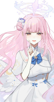 1girl absurdres angel_wings arm_behind_back blue_archive blue_bow blush bow breasts buttons capelet commentary_request double-breasted dress feathered_wings flower gold_trim hair_bun hair_flower hair_ornament halo highres long_hair looking_at_viewer low_wings medium_breasts mika_(blue_archive) open_mouth pink_hair pink_halo purple_eyes purple_flower simple_background single_hair_bun single_side_bun smile solo user_jywv4757 very_long_hair white_background white_dress white_wings wings